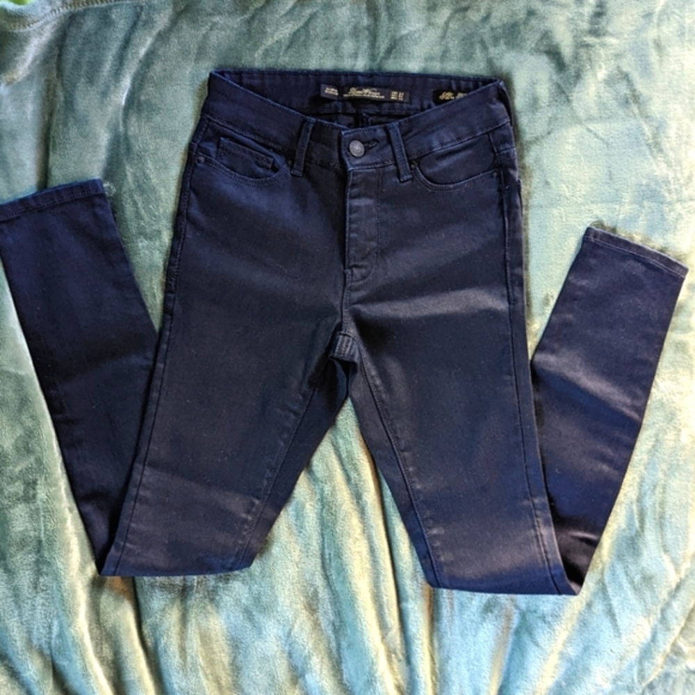EUC Zara Woman Premium Denim Collection dark blue/blk semi shiny blk button/zip